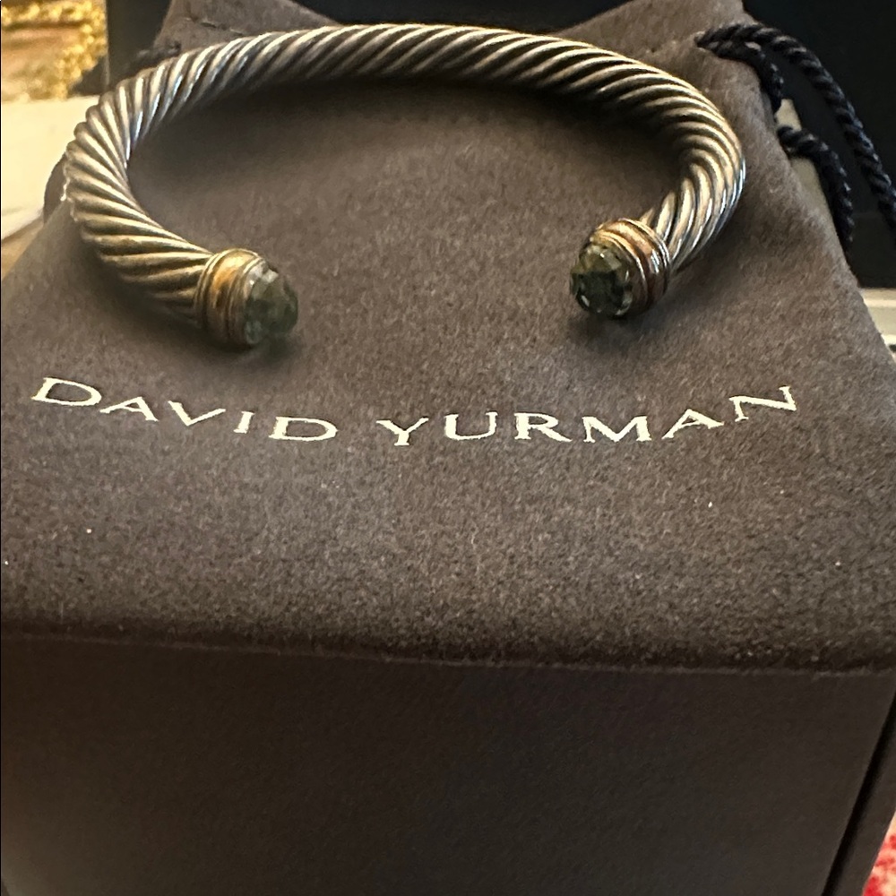 David Yurman Twisted Silver Bracelet w/ Gold & Peridot Birthstone Green Accents
